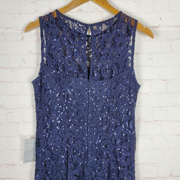 NEW MARINA Sequin Lace Gown Dress Sz 6 Navy Blue Sleeveless Sheath Keyhole Back - Picture 11 of 16